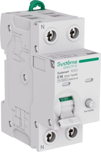 Автомат дифференциального тока АВДТ Systeme Electric Systeme9 2п 16А 30мА 6кА C тип AC картинка